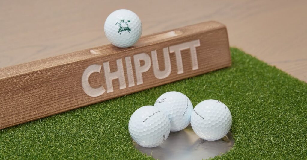 自宅でのゴルフ練習に集中する初心者男性の様子を描いた画像